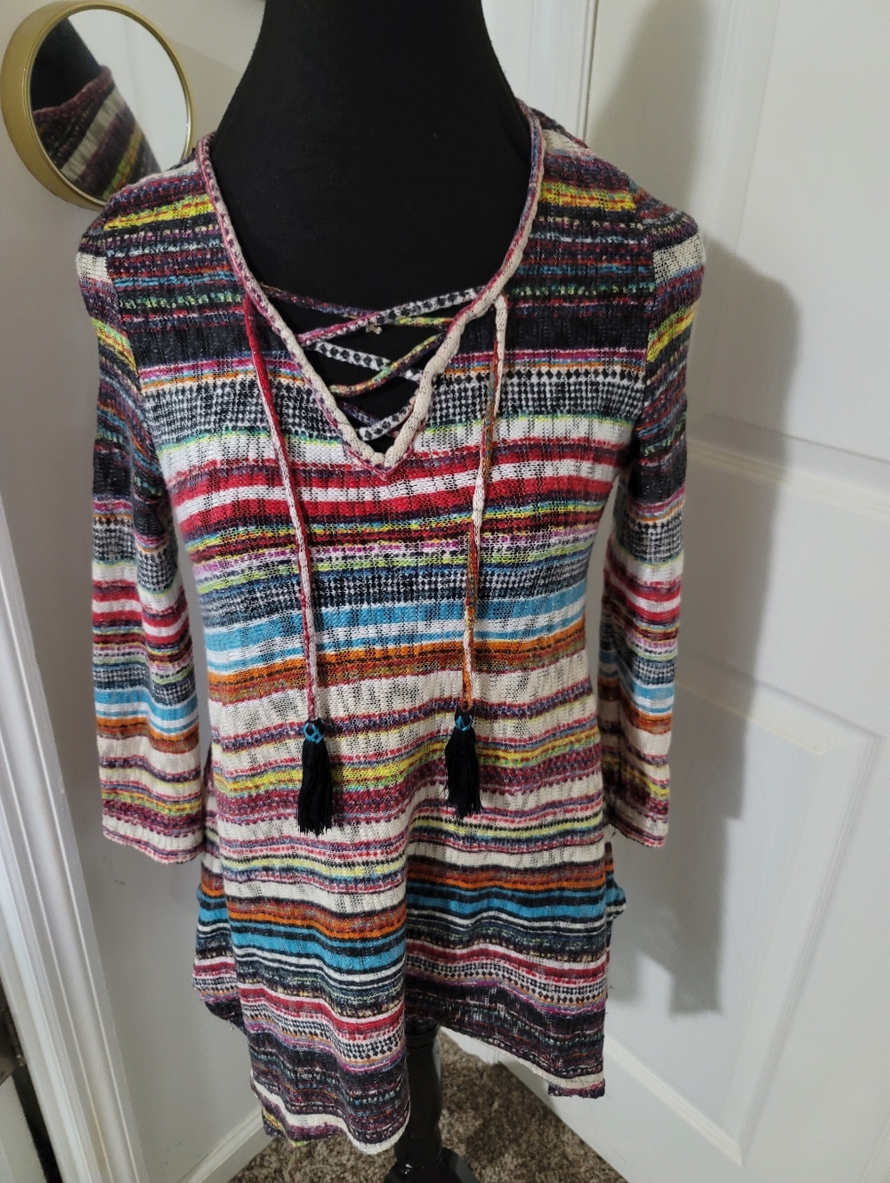 New Directions Boho Striped Multicolor Lace-Up Tunic Top - Women PM